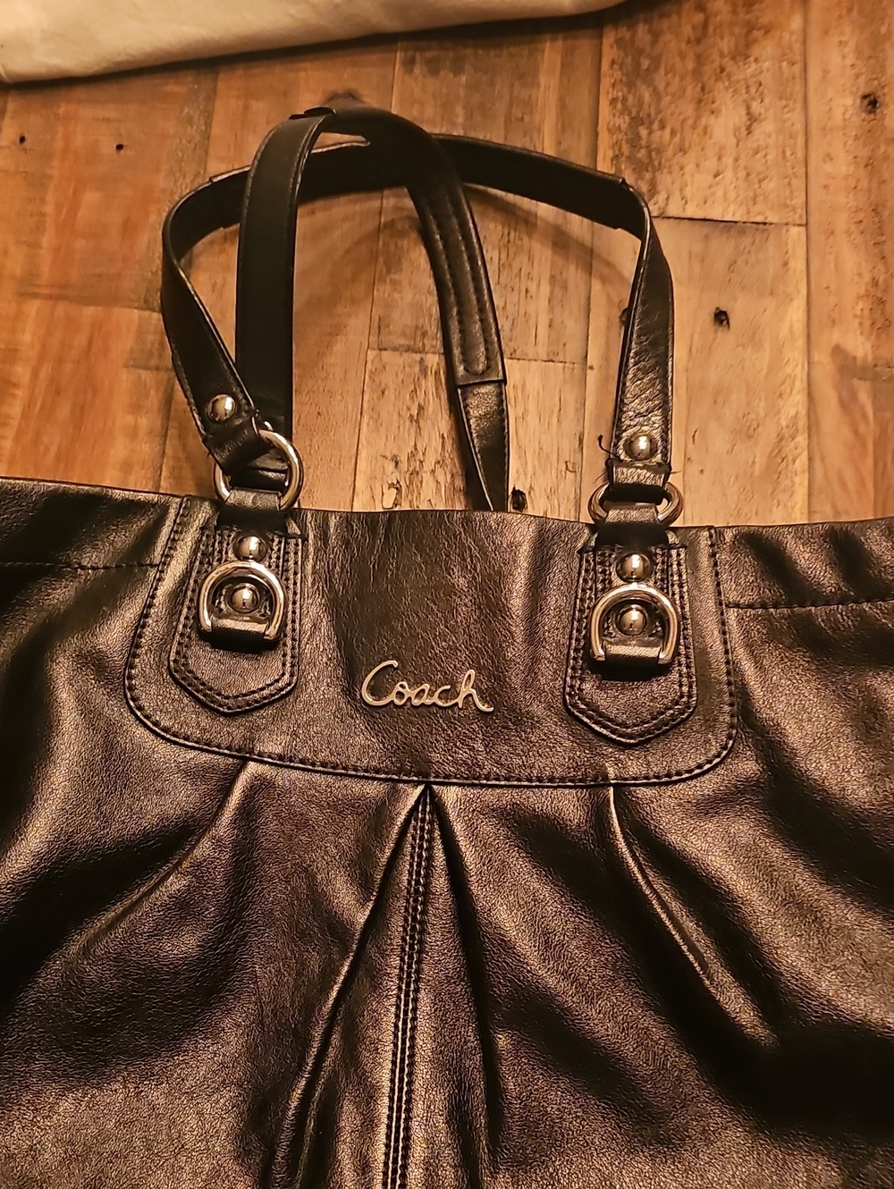 Coach Black Leather Tote with Silver Hardware